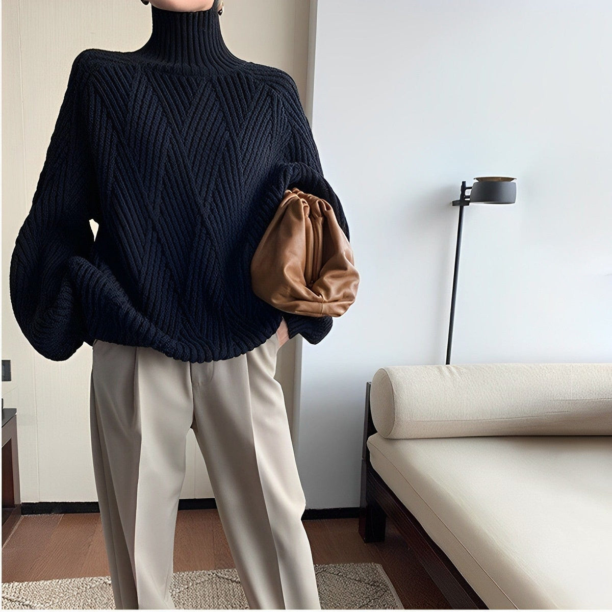 Haydée | suéter negro de cuello alto con punto en zigzag — Negro