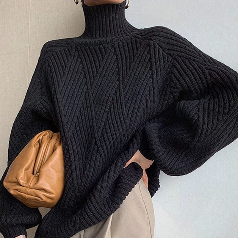 Haydée | suéter negro de cuello alto con punto en zigzag — Negro