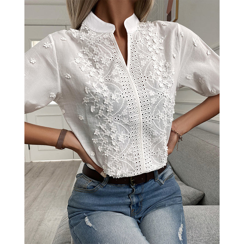 Melina | blusa de algodón con bordado de flores — Blanco