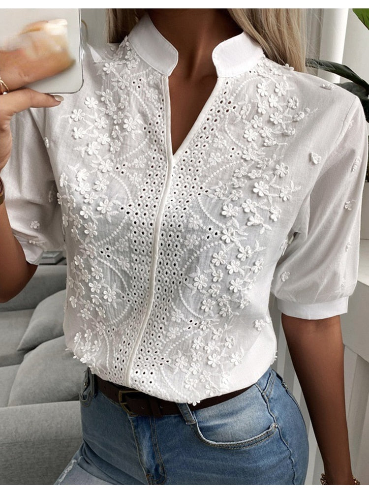 Melina | blusa de algodón con bordado de flores — Blanco