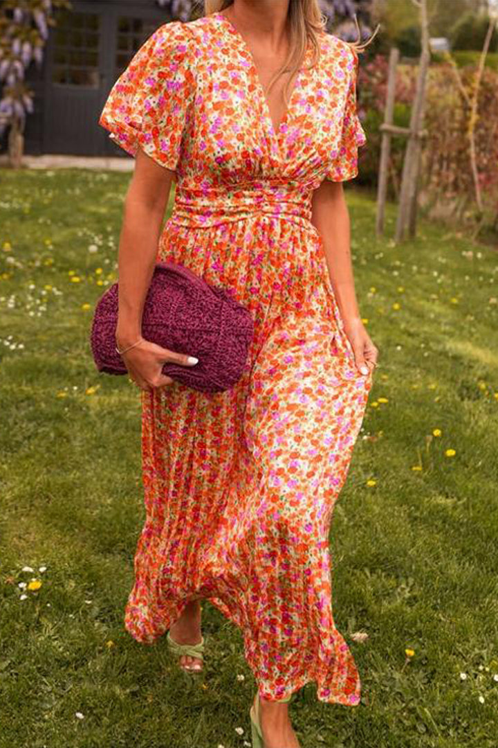 Lilia | vestido largo floral con falda plisada — Naranja floral