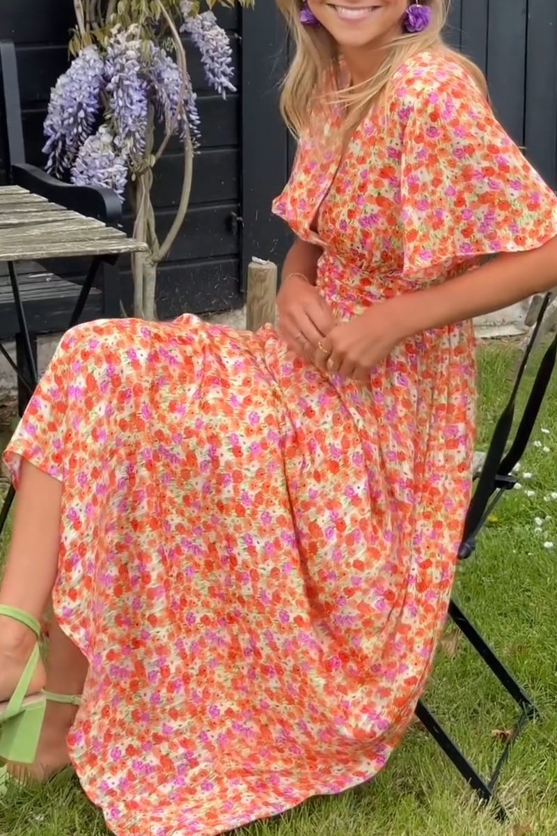 Lilia | vestido largo floral con falda plisada — Naranja floral