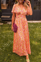 Lilia | vestido largo floral con falda plisada — Naranja floral