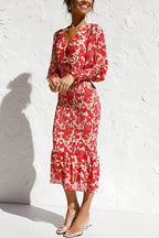 Cayetana | vestido midi floral fruncido — Rojo floral