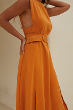 Sabancuy | vestido largo sin mangas con cinturón — Naranja mandarina