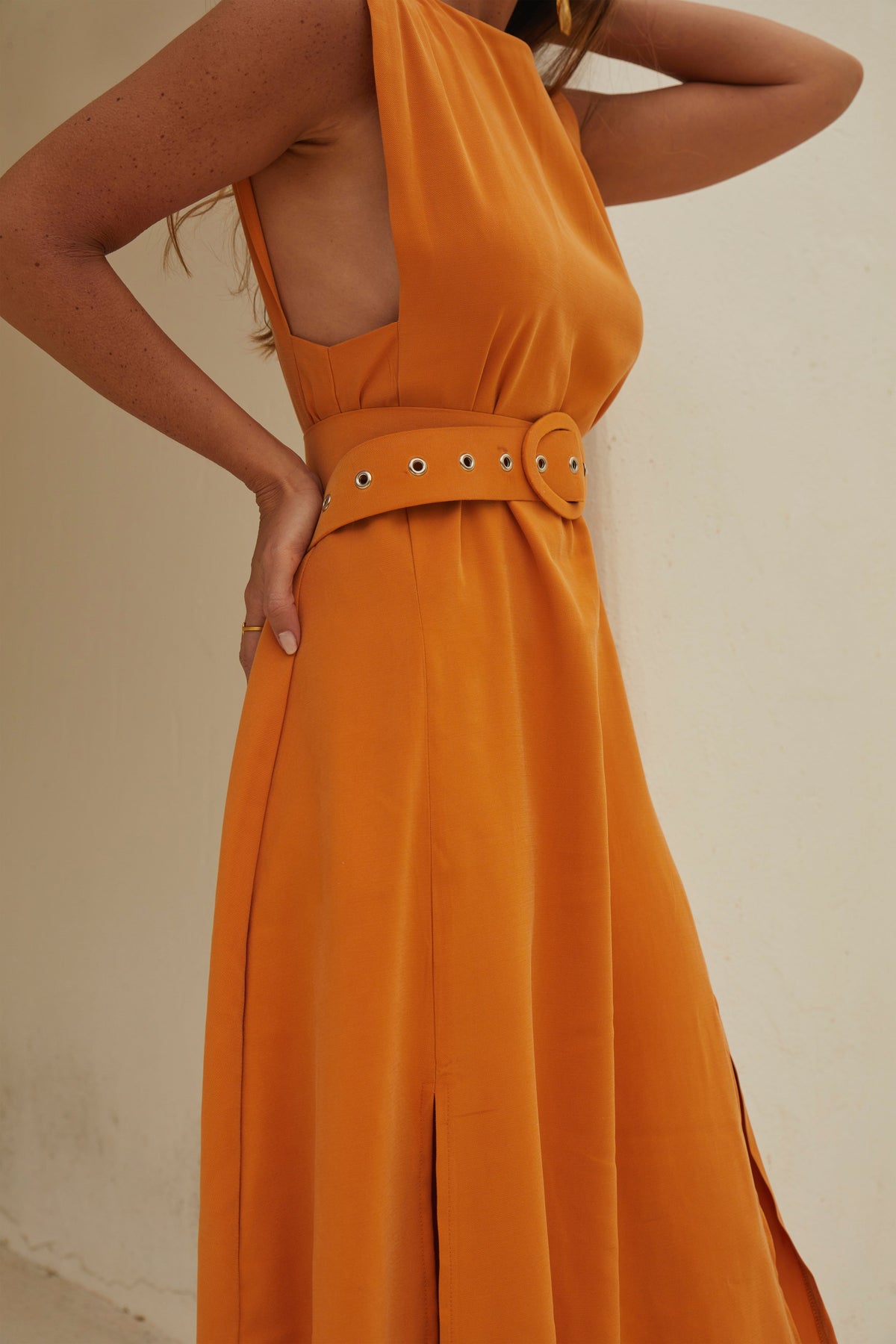 Sabancuy | vestido largo sin mangas con cinturón — Naranja mandarina