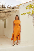 Sabancuy | vestido largo sin mangas con cinturón — Naranja mandarina