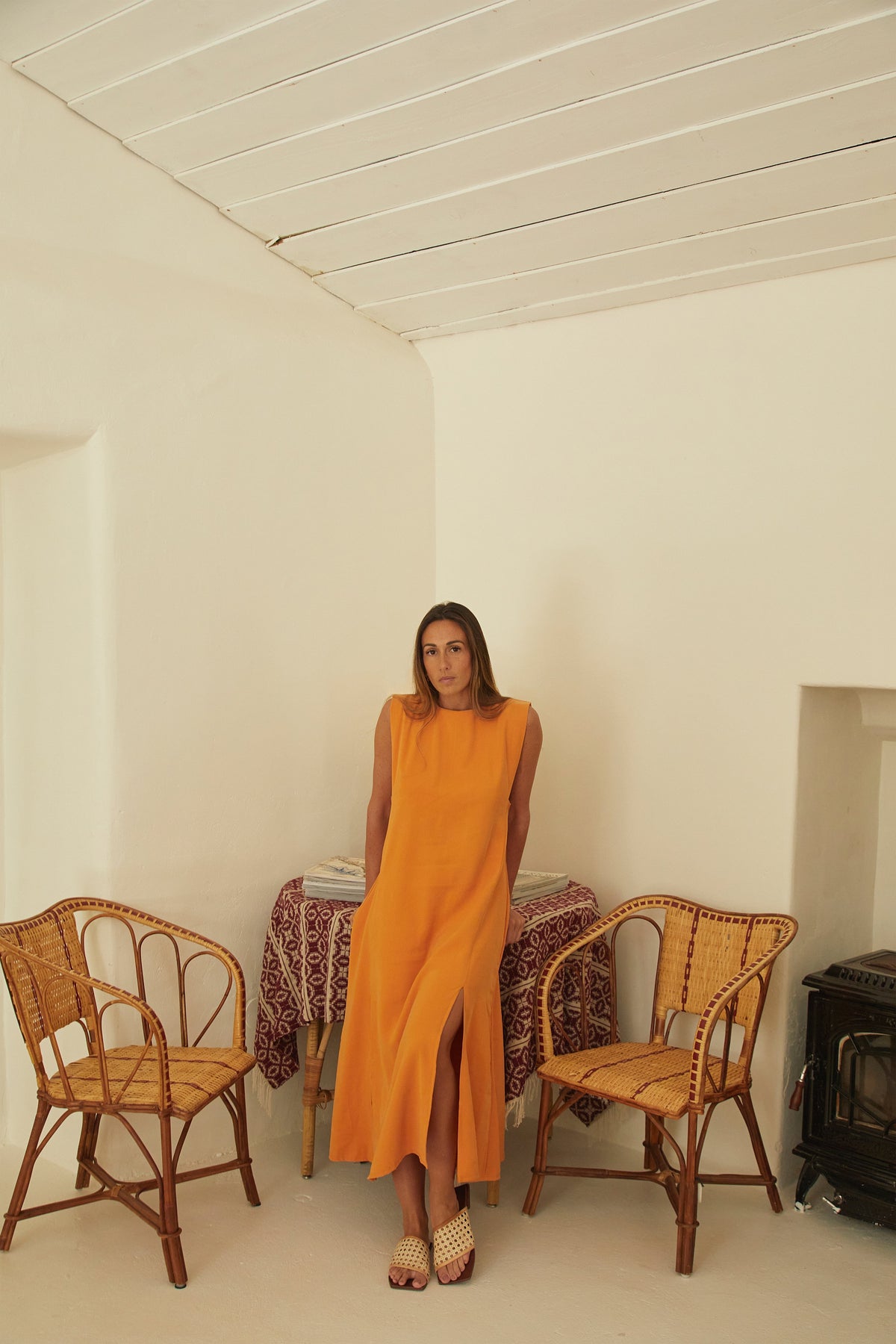 Sabancuy | vestido largo sin mangas con cinturón — Naranja mandarina