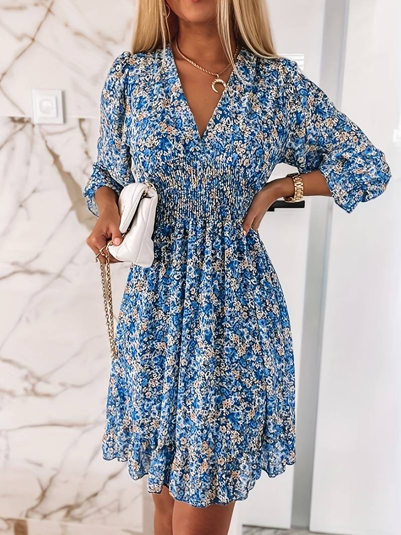 Herlinda | vestido corto floral con mangas abullonadas — Azul floral