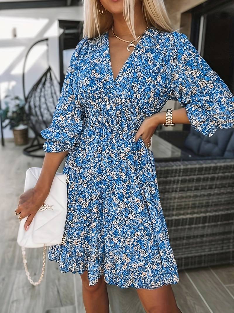 Herlinda | vestido corto floral con mangas abullonadas — Azul floral