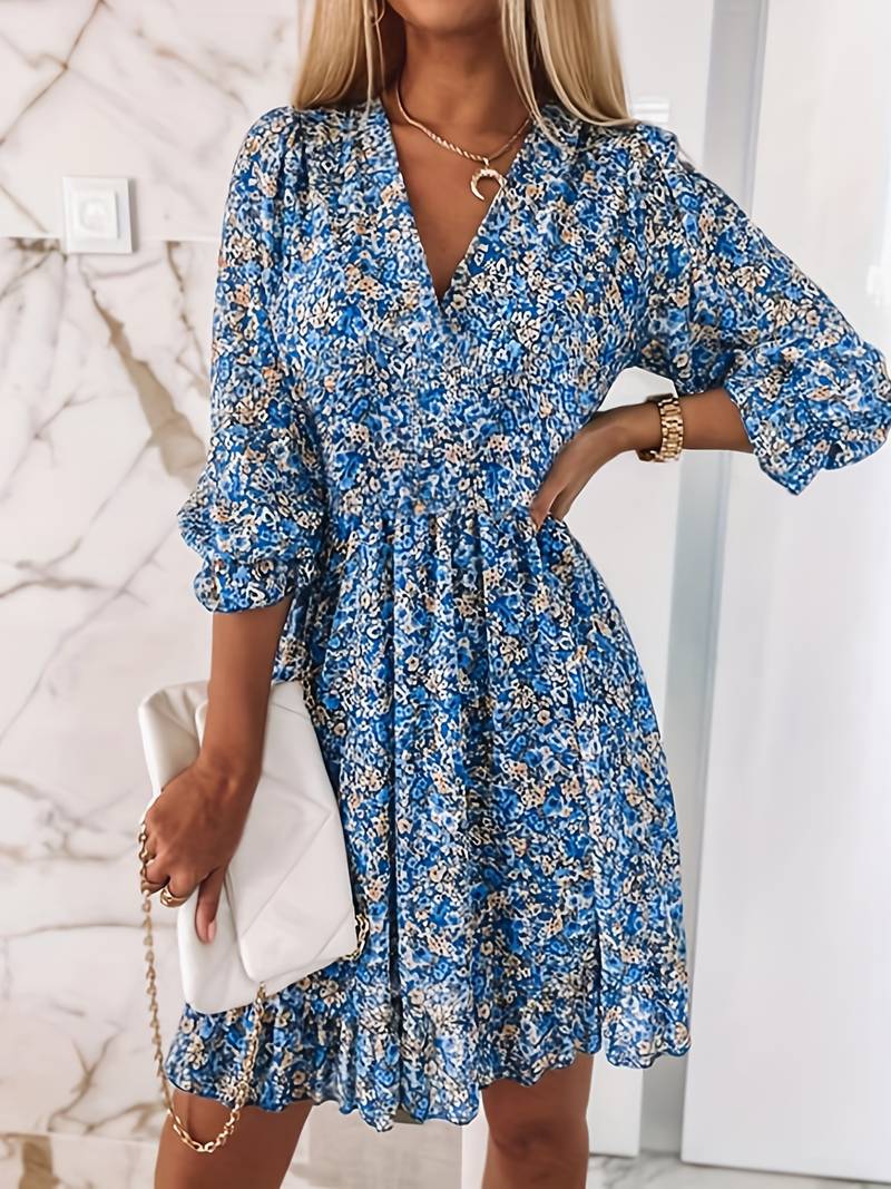 Herlinda | vestido corto floral con mangas abullonadas — Azul floral