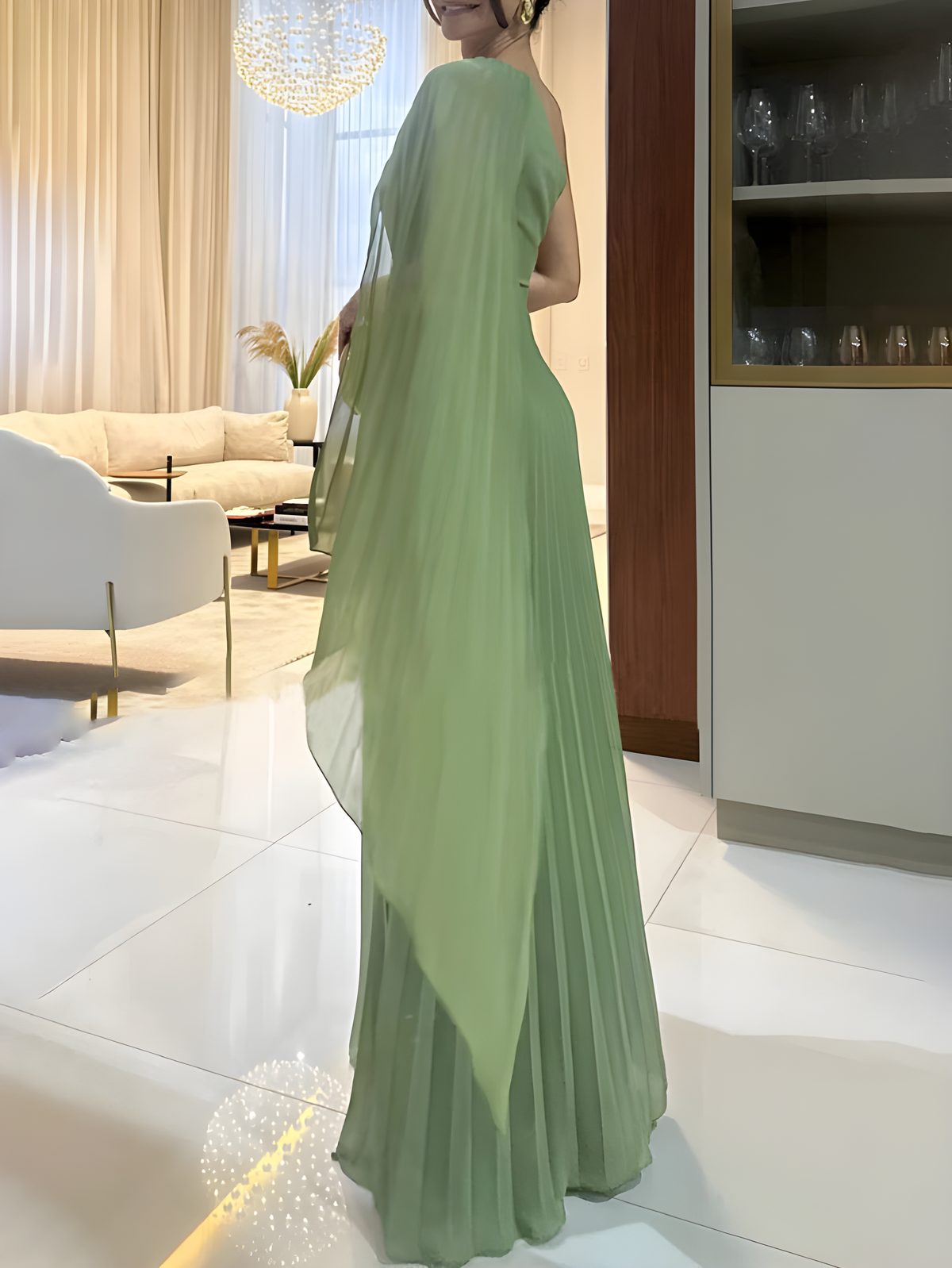 Olimpia | vestido largo plisado de un hombro — Verde salvia