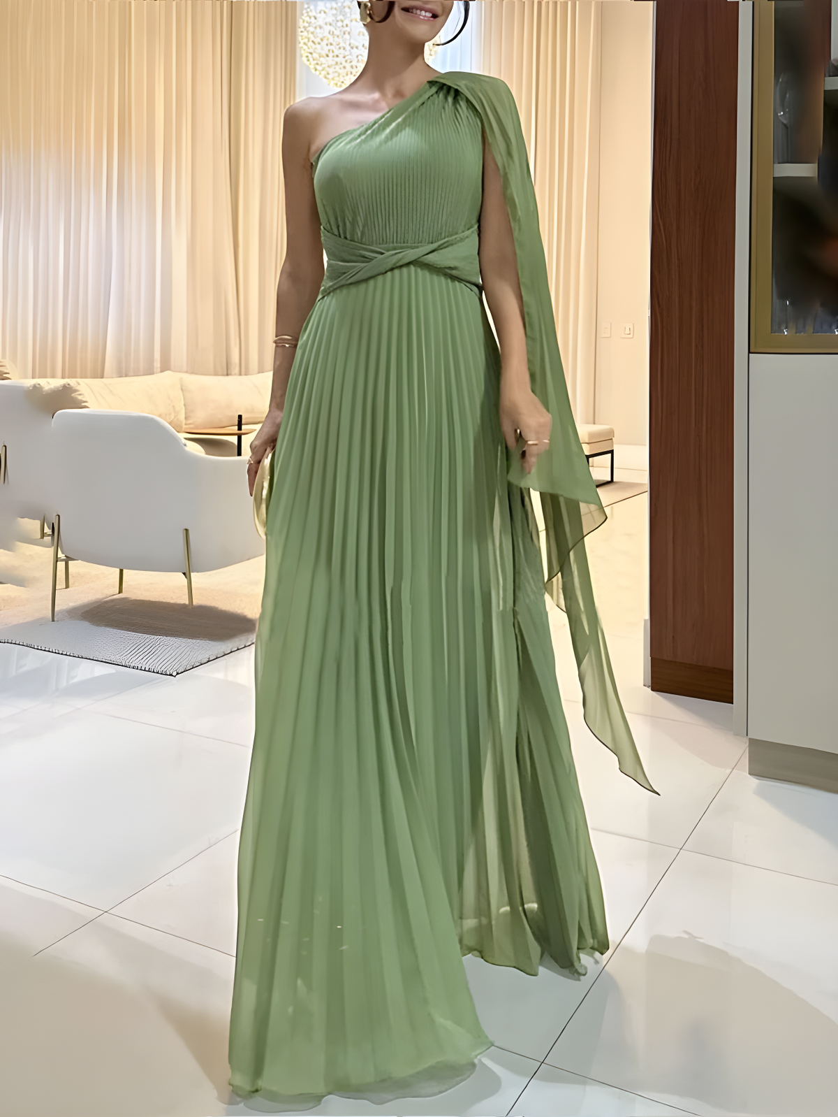 Olimpia | vestido largo plisado de un hombro — Verde salvia