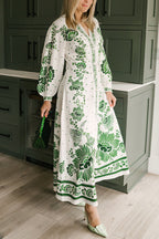 Soconusco | vestido largo camisero estampado — Verde y blanco