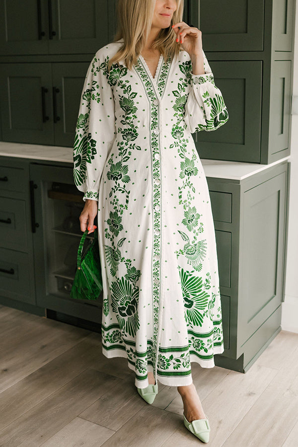 Soconusco | vestido largo camisero estampado — Verde y blanco
