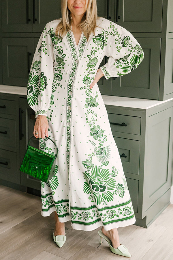 Soconusco | vestido largo camisero estampado — Verde y blanco