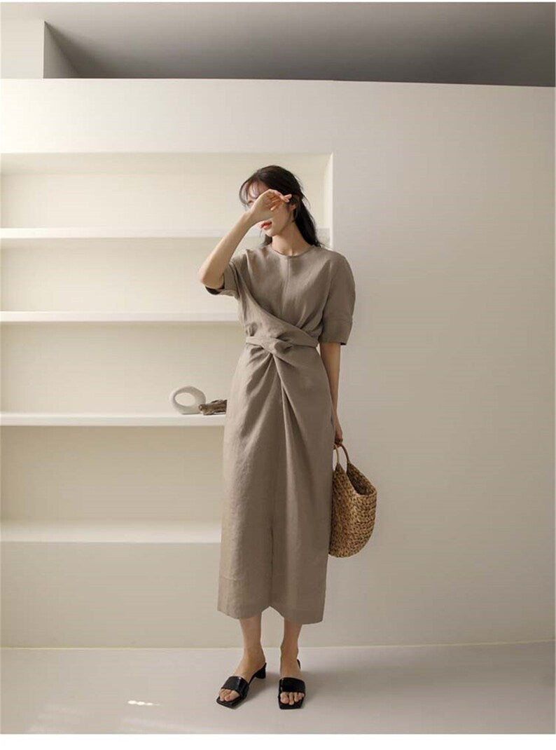 Etla | vestido midi de algodón y lino — Caqui