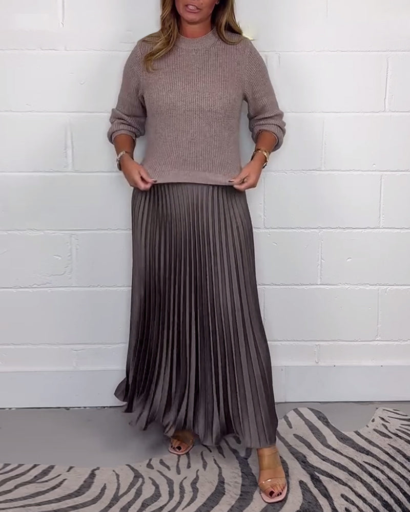 Candelaria | vestido largo de punto y falda plisada — Gris topo