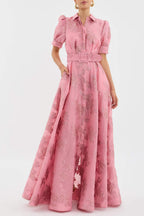 Malinalco | vestido camisero largo de brocado — Rosa