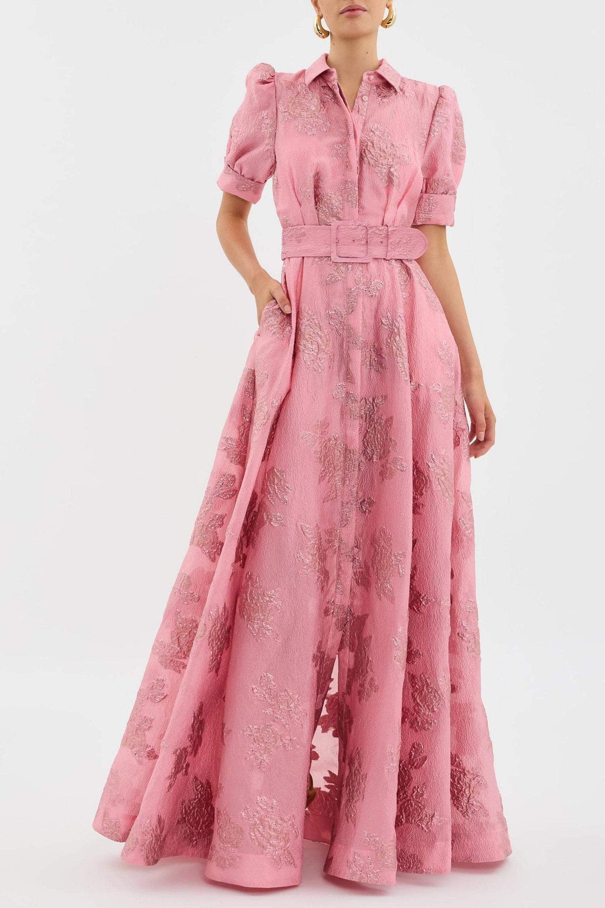 Malinalco | vestido camisero largo de brocado — Rosa