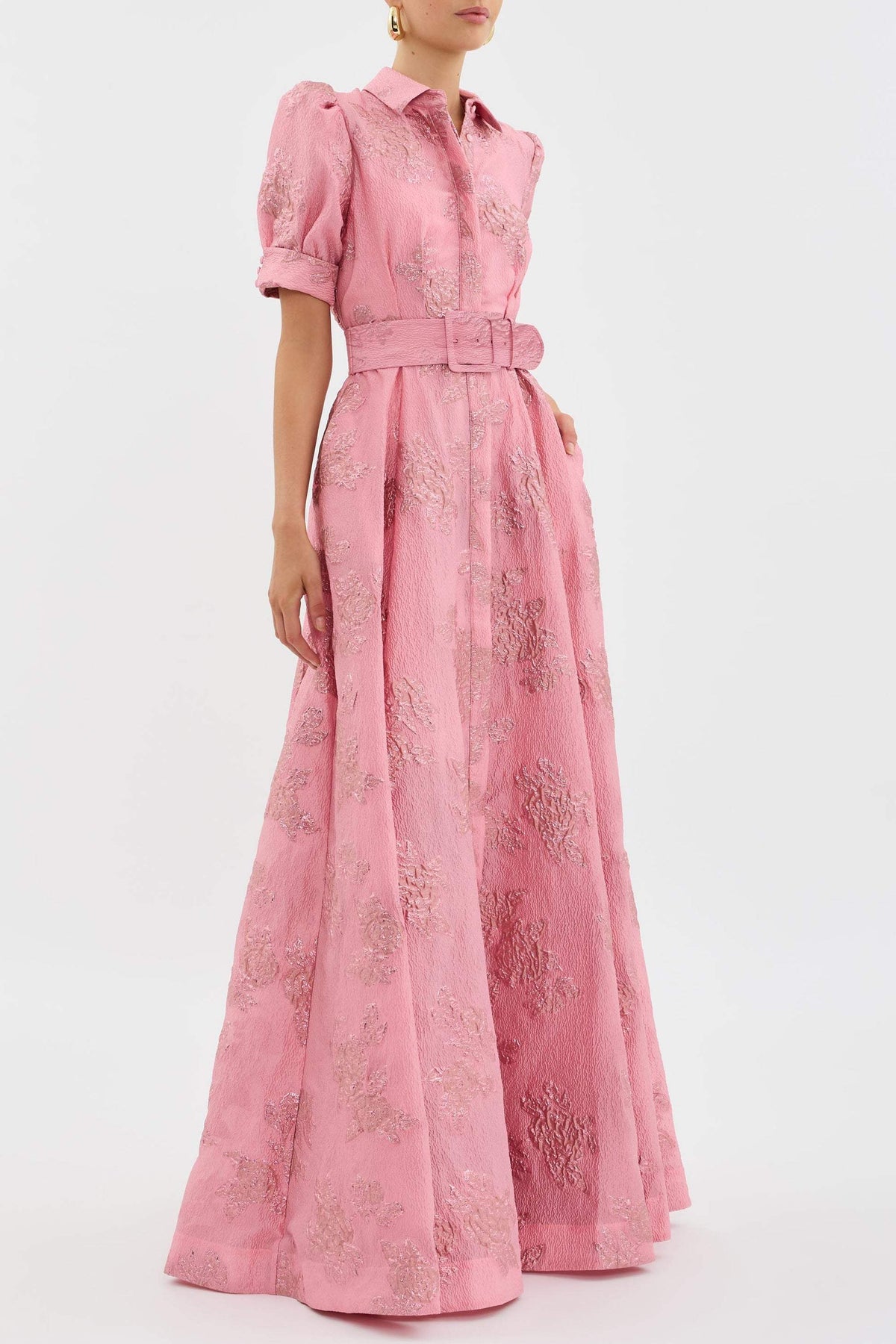 Malinalco | vestido camisero largo de brocado — Rosa