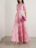 Malinalco | vestido camisero largo de brocado — Rosa