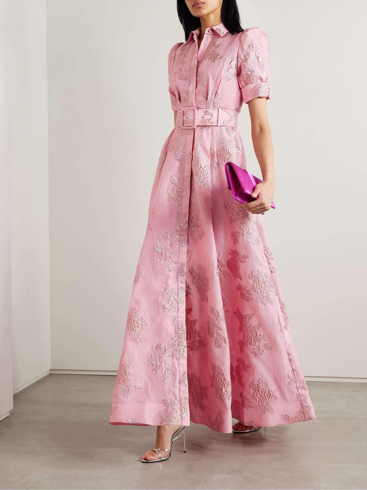 Malinalco | vestido camisero largo de brocado — Rosa