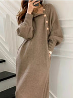 Jovita | vestido midi de punto con botones dorados — Moca