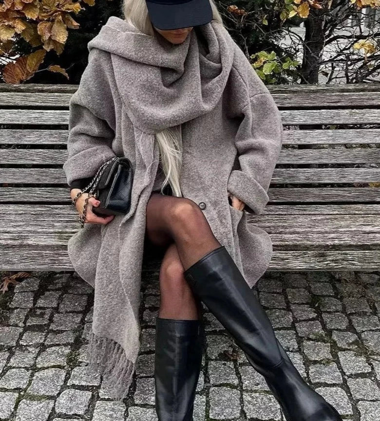 Guelatao | abrigo de punto con bufanda — Gris topo