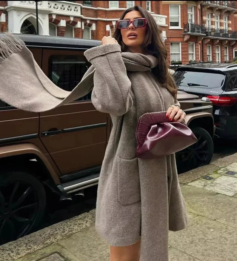 Guelatao | abrigo de punto con bufanda — Gris topo