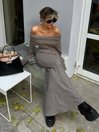 Itandehui | vestido largo de punto con hombros descubiertos — Gris