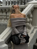 Itandehui | vestido largo de punto con hombros descubiertos — Gris