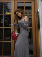 Itandehui | vestido largo de punto con hombros descubiertos — Gris