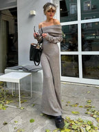 Itandehui | vestido largo de punto con hombros descubiertos — Gris