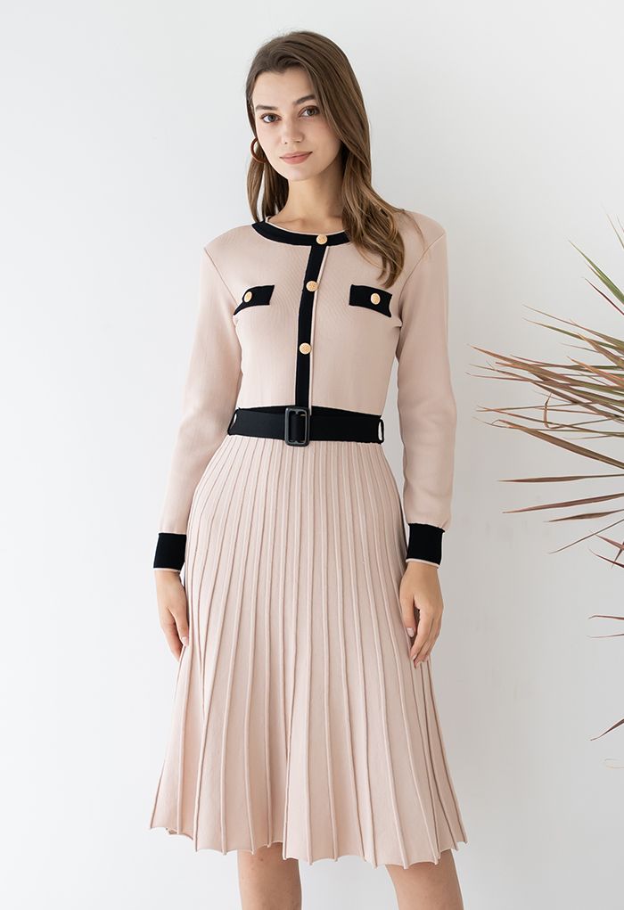 Paraíso | vestido de punto plisado con cinturón — Rosa palo con negro