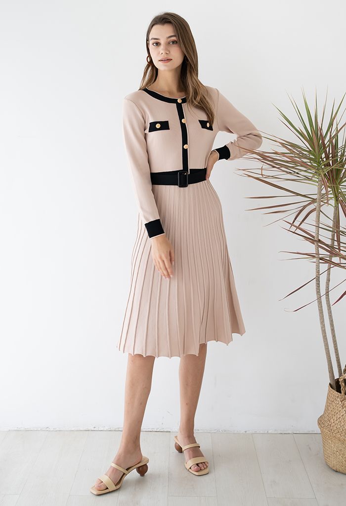 Paraíso | vestido de punto plisado con cinturón — Rosa palo con negro