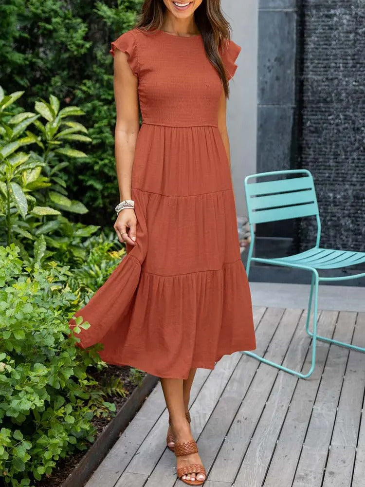 Maruata | vestido midi de capas con cuerpo fruncido — Terracota