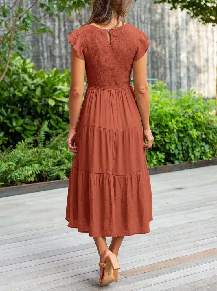 Maruata | vestido midi de capas con cuerpo fruncido — Terracota