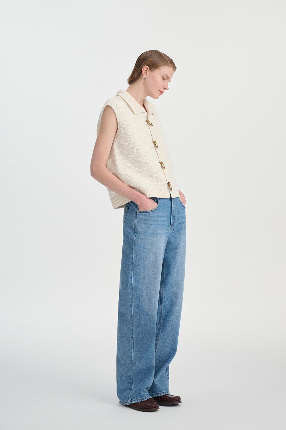 Nopala | chaleco de punto con cuello camisero — Crema