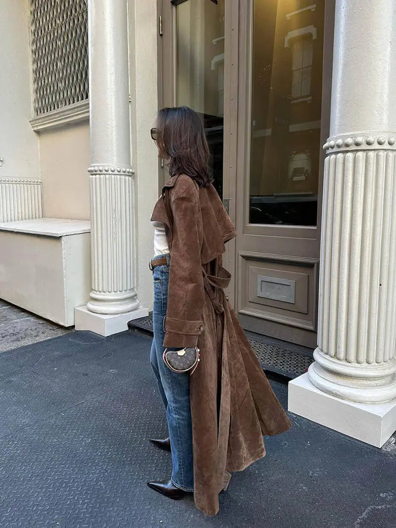 Leonarda | gabardina efecto ante con cinturón — Café oscuro
