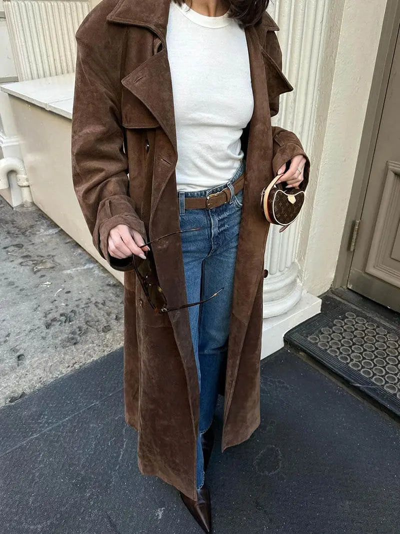 Leonarda | gabardina efecto ante con cinturón — Café oscuro
