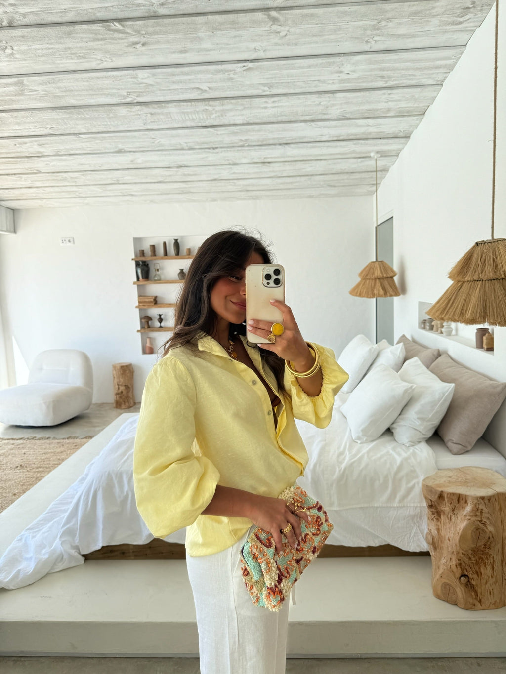 Blusa de lino con mangas globo, Amarillo claro, vista frontal