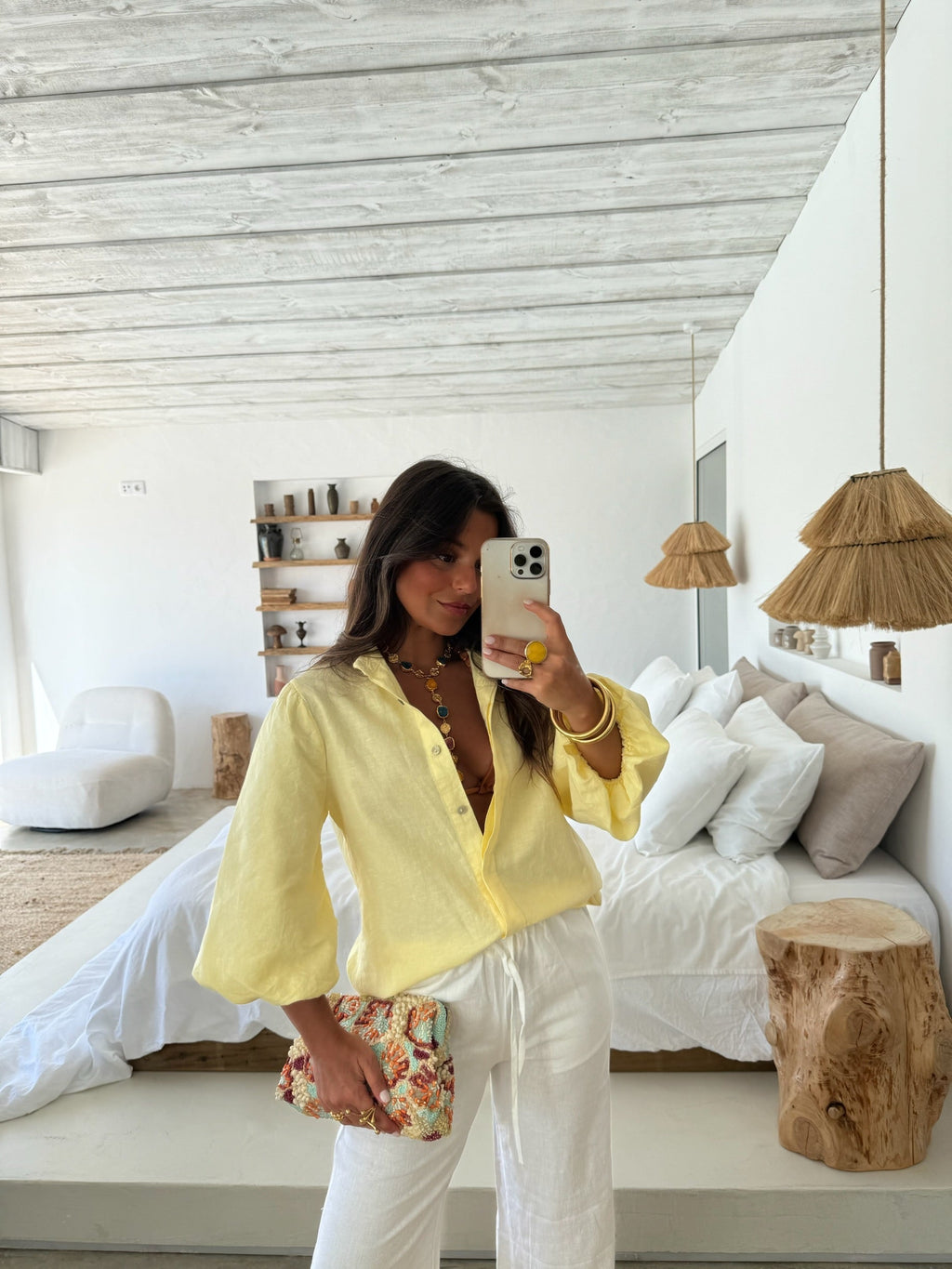 Blusa de lino con mangas globo, Amarillo claro, segunda vista
