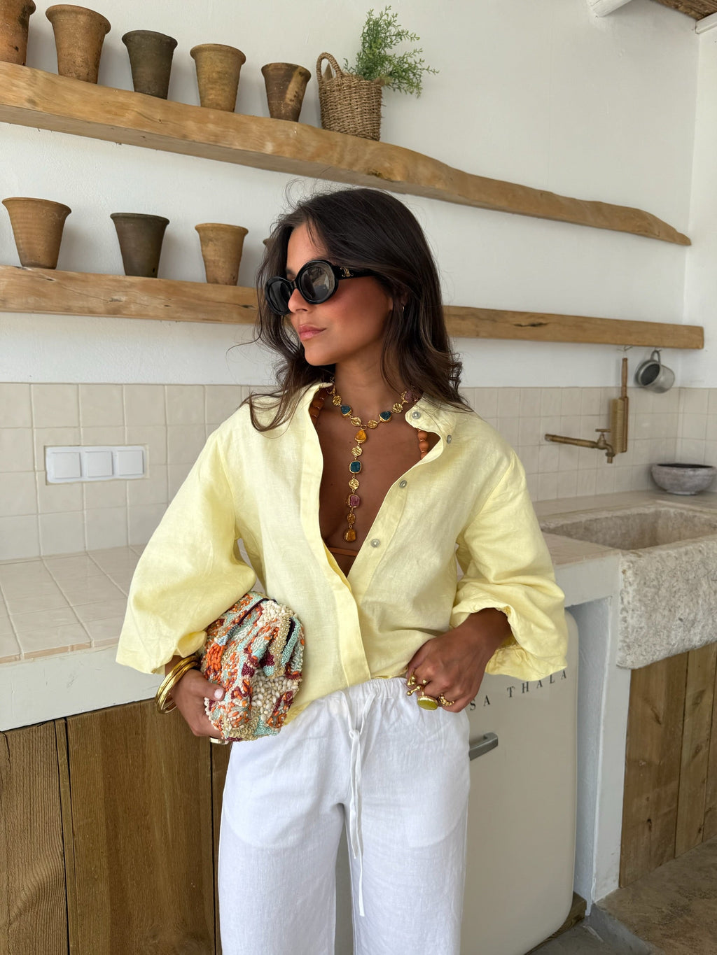 Blusa de lino con mangas globo, Amarillo claro, tercera vista