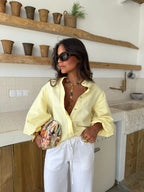Blusa de lino con mangas globo, Amarillo claro, tercera vista