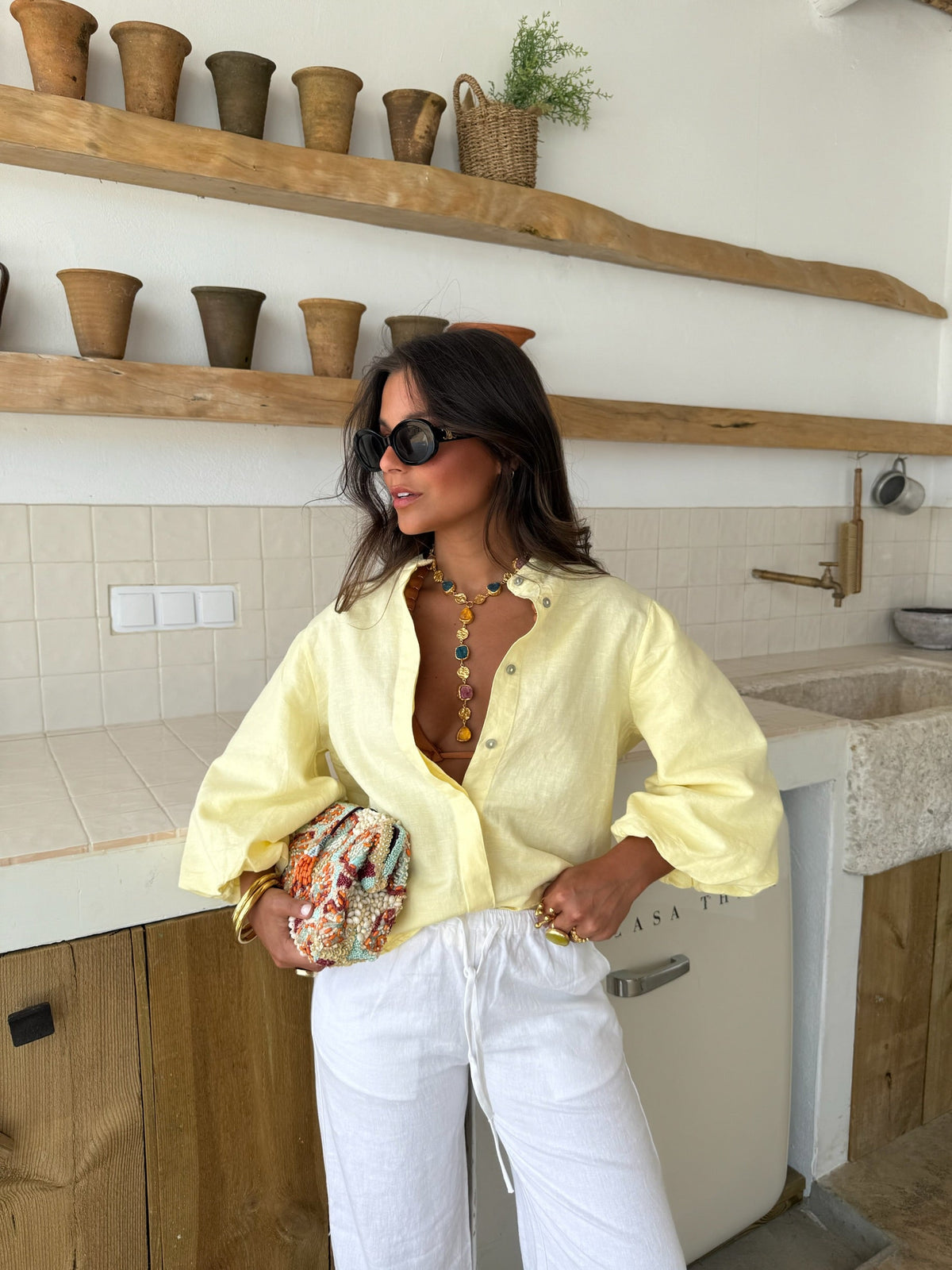 Blusa de lino con mangas globo, Amarillo claro, cuarta vista