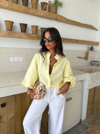 Blusa de lino con mangas globo, Amarillo claro, quinta vista