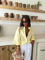 Blusa de lino con mangas globo, Amarillo claro, sexta vista