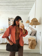 Blusa de lino con mangas globo, Terracota, vista frontal
