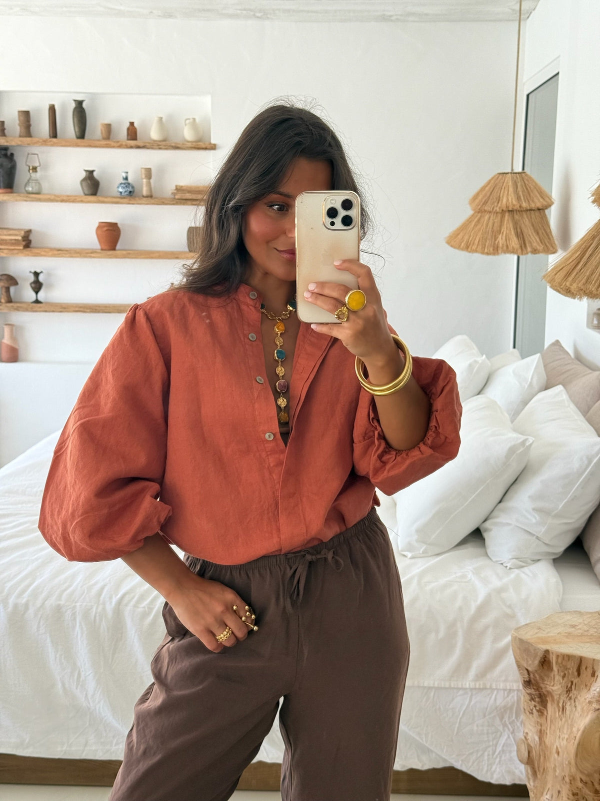Blusa de lino con mangas globo, Terracota, tercera vista